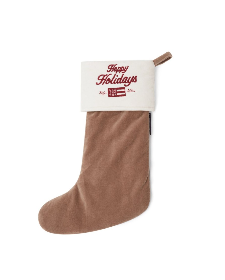 Joulu Lexington Company | Happy Holidays Organic Cotton Velvet Stocking, Beige/White